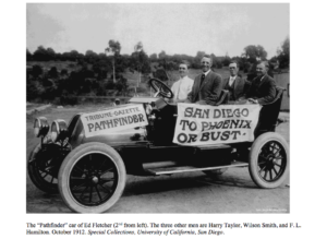 The “Pathfinder” car of Ed Fletcher (2ndfrom left). The three other men are Harry Taylor, Wilson Smith, andF. L. Hamilton. October 1912. Special Collections, University of California, San Diego.